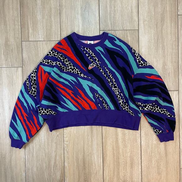Nike Sweatshirt Small Purple Animal Print Graphic Retro Crewneck Swoosh DV0030 - Picture 1 of 10